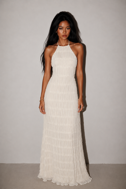 Ángela - Vestido Largo Halter con Volantes Escalonados