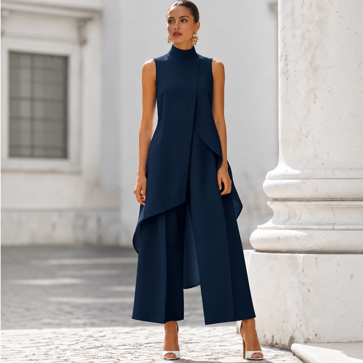 Valentina- Mono elegante con top de cuello alto drapeado