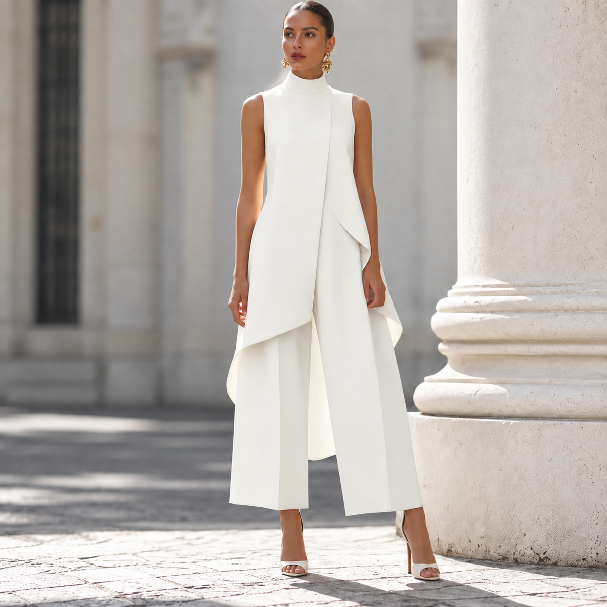 Valentina- Mono elegante con top de cuello alto drapeado