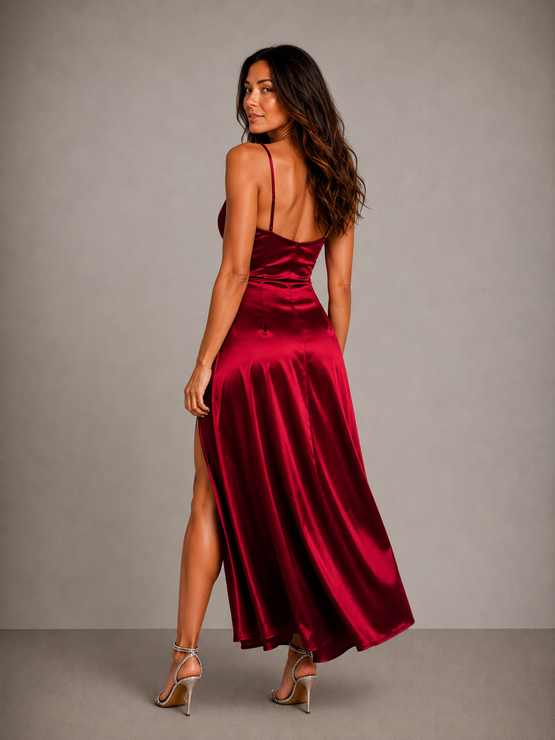 Alba-Vestido Largo Satinado Elegance con Escote Drapeado y Abertura Lateral