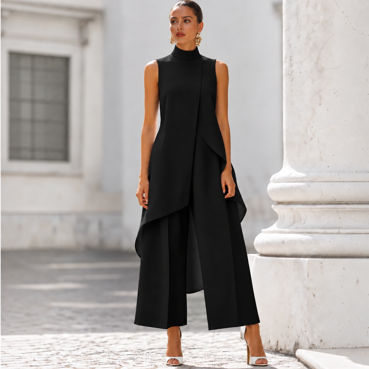 Valentina- Mono elegante con top de cuello alto drapeado