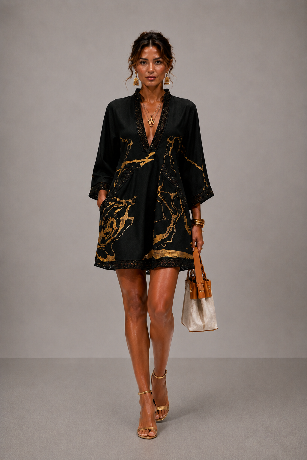 Carmen- Vestido corto con cuello en V estampado en negro y dorado