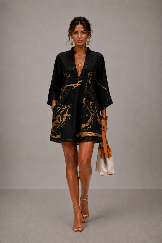Carmen- Vestido corto con cuello en V estampado en negro y dorado