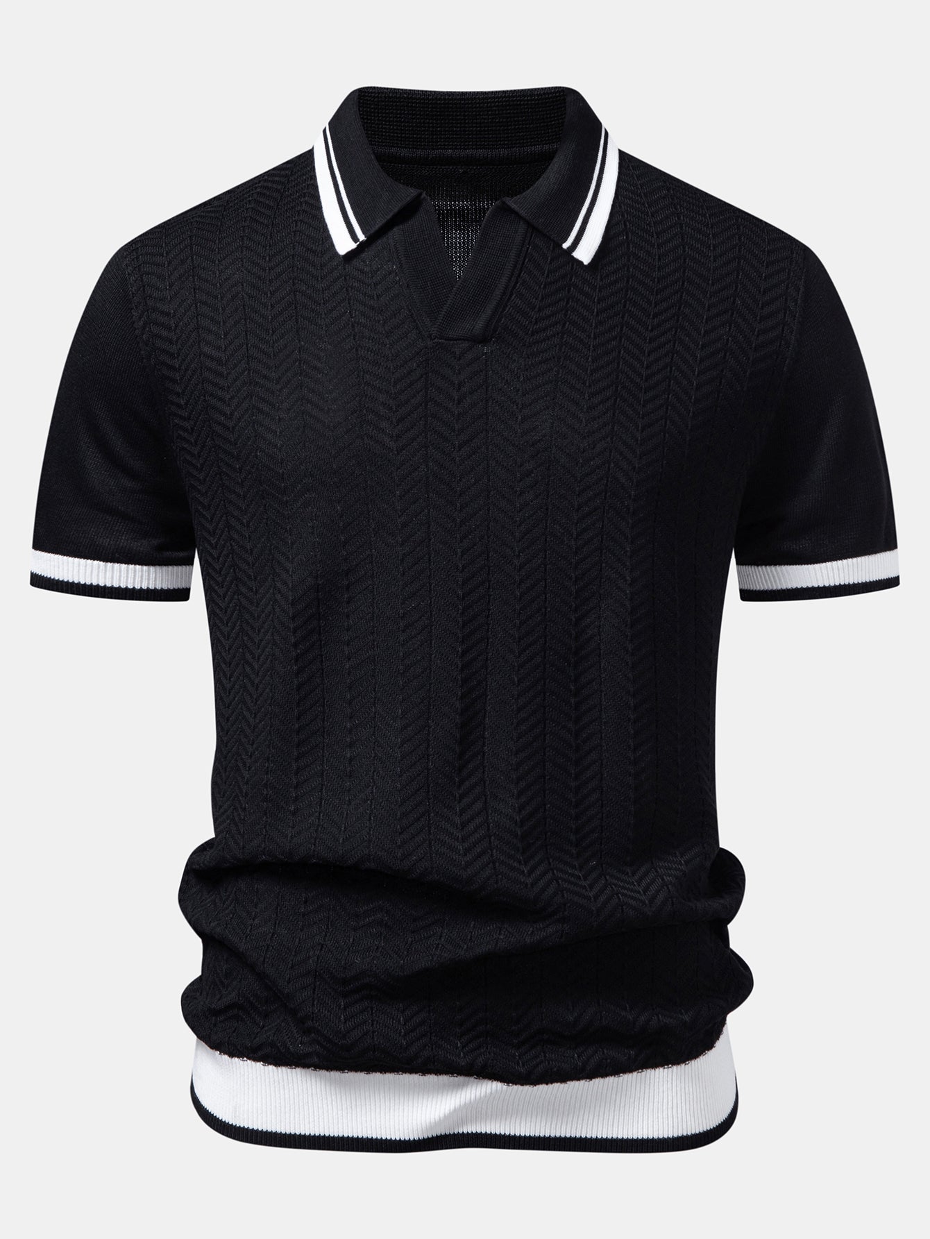 Contrast Textured Jacquard V Neck Knit Polo & Elastic Waist Chino Shorts
