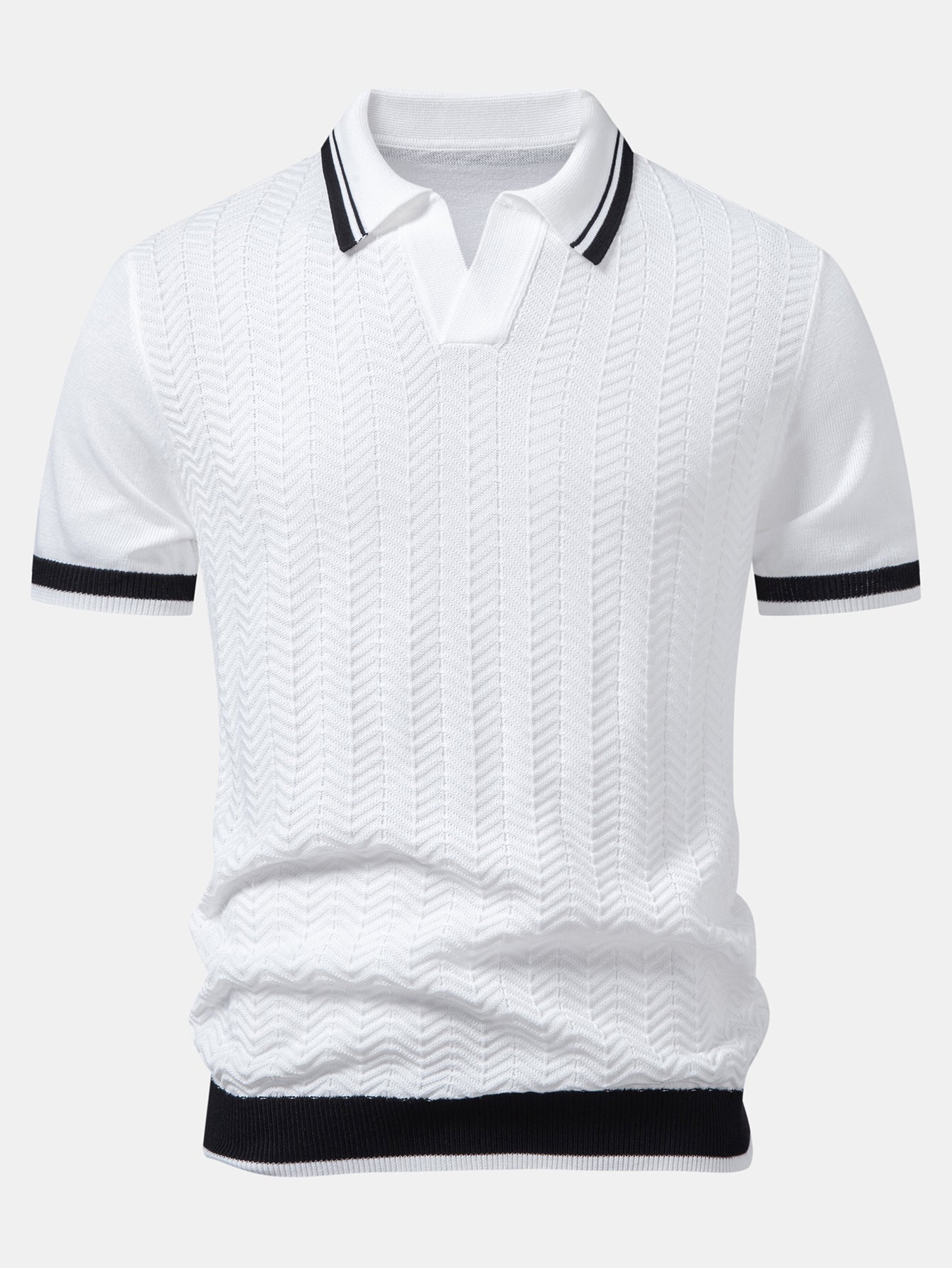Contrast Textured Jacquard V Neck Knit Polo & Elastic Waist Chino Shorts