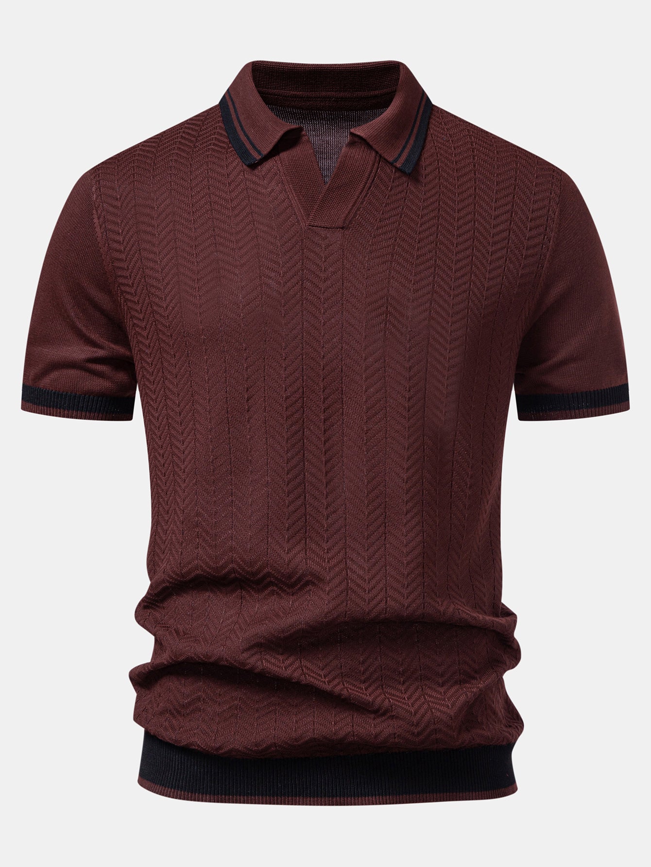 Contrast Textured Jacquard V Neck Knit Polo & Elastic Waist Chino Shorts