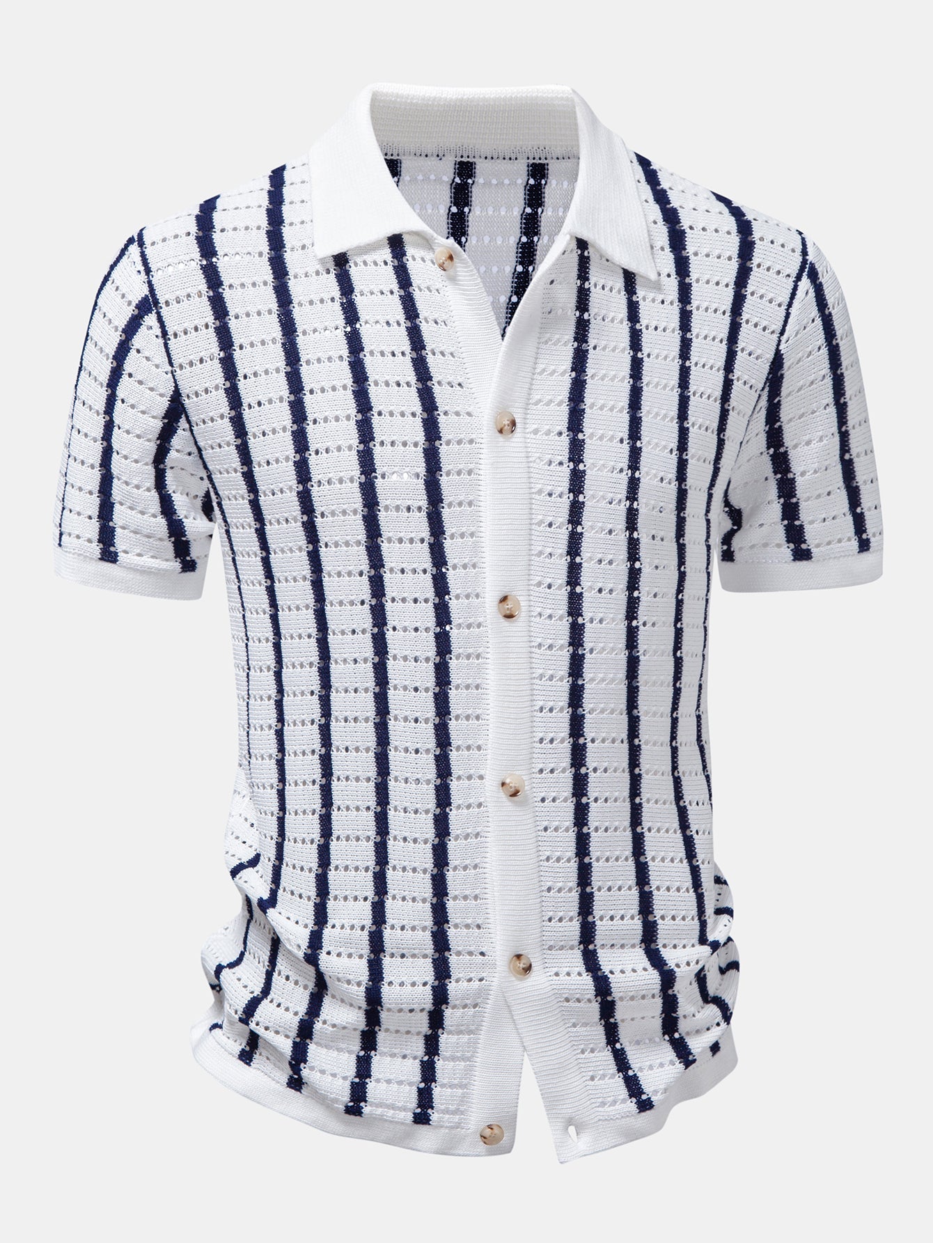 Stripe Open Knit Shirt & Crinkle Textured Drawstring 5" Shorts