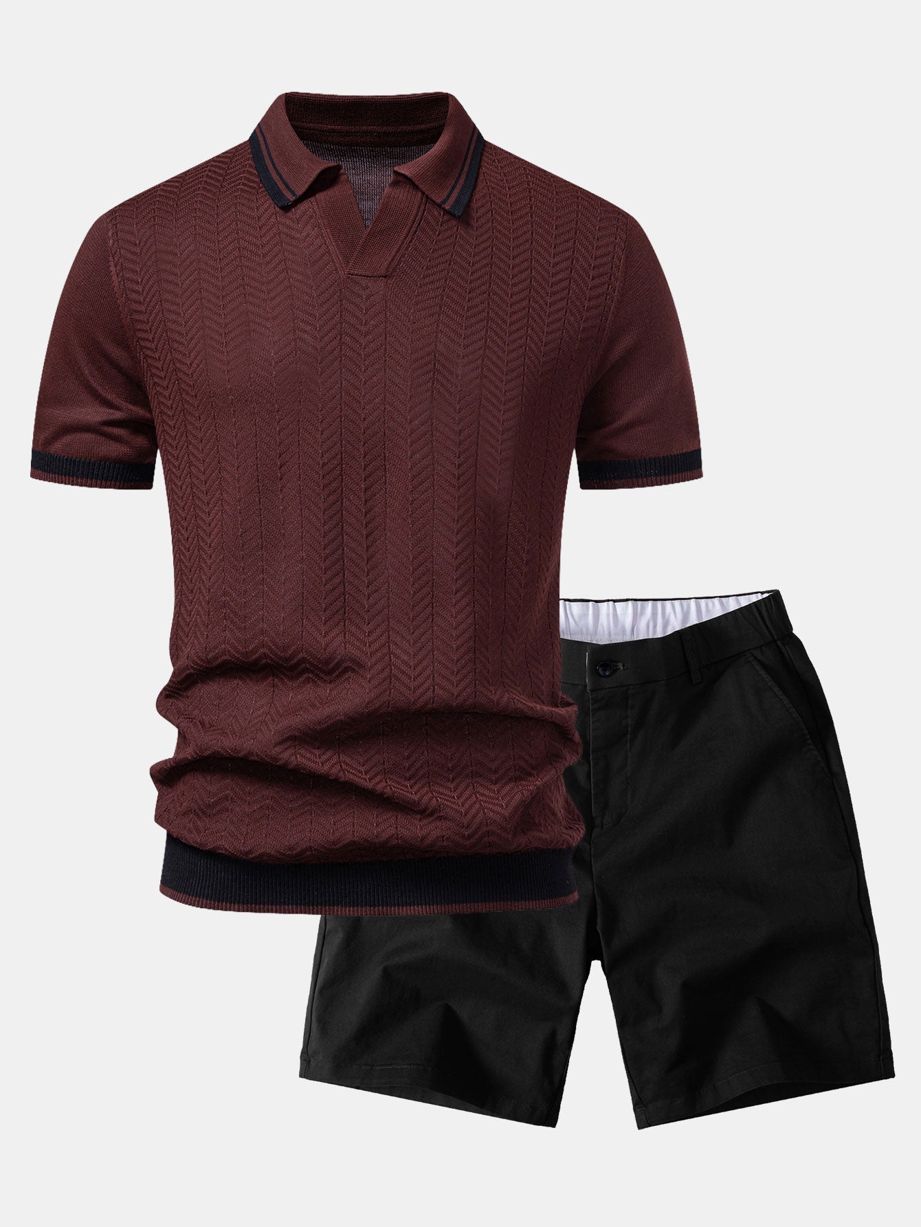 Contrast Textured Jacquard V Neck Knit Polo & Elastic Waist Chino Shorts