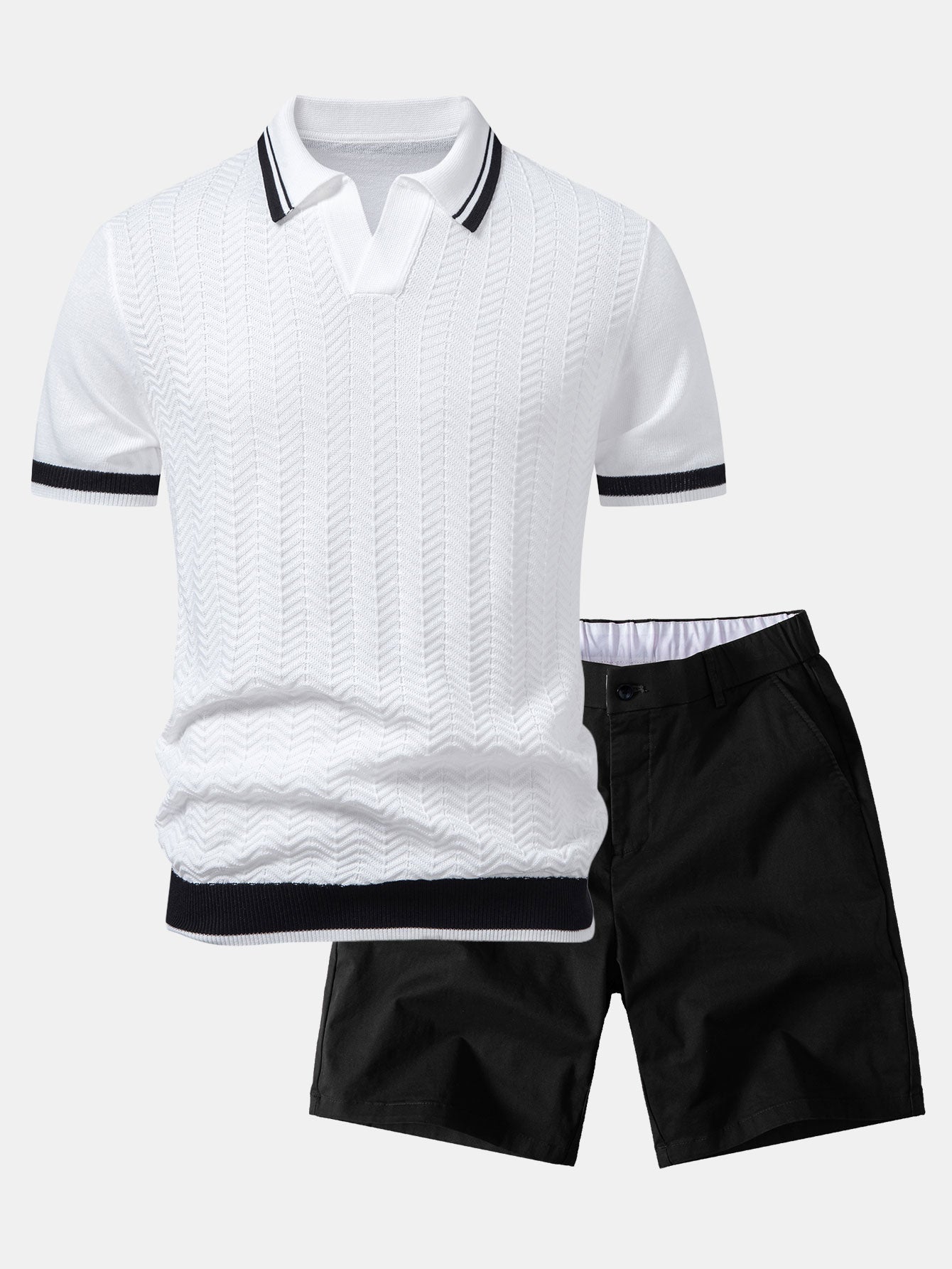 Contrast Textured Jacquard V Neck Knit Polo & Elastic Waist Chino Shorts