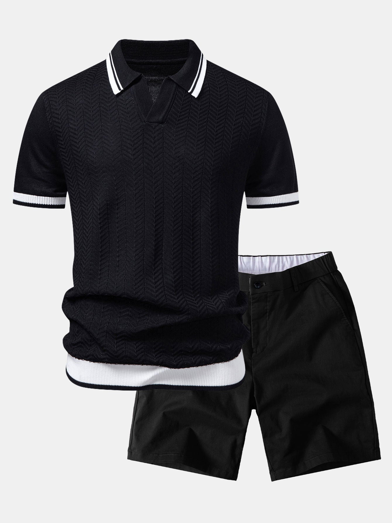 Contrast Textured Jacquard V Neck Knit Polo & Elastic Waist Chino Shorts