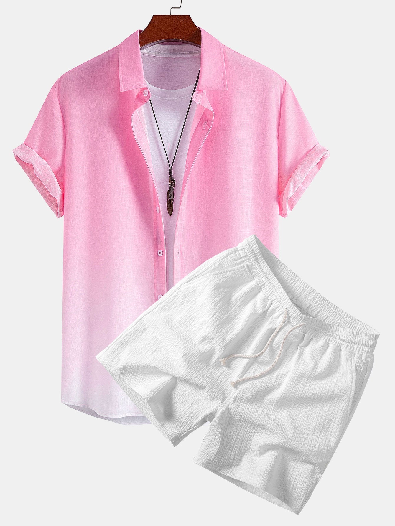 Gradient Linen Look Shirt & Crinkle Textured Drawstring 5" Shorts