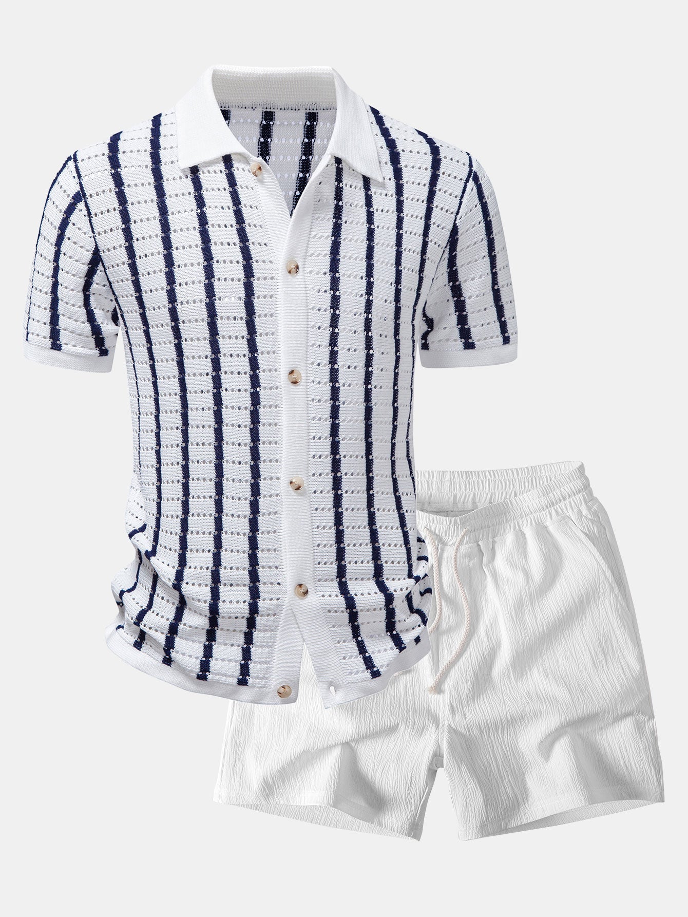Stripe Open Knit Shirt & Crinkle Textured Drawstring 5" Shorts