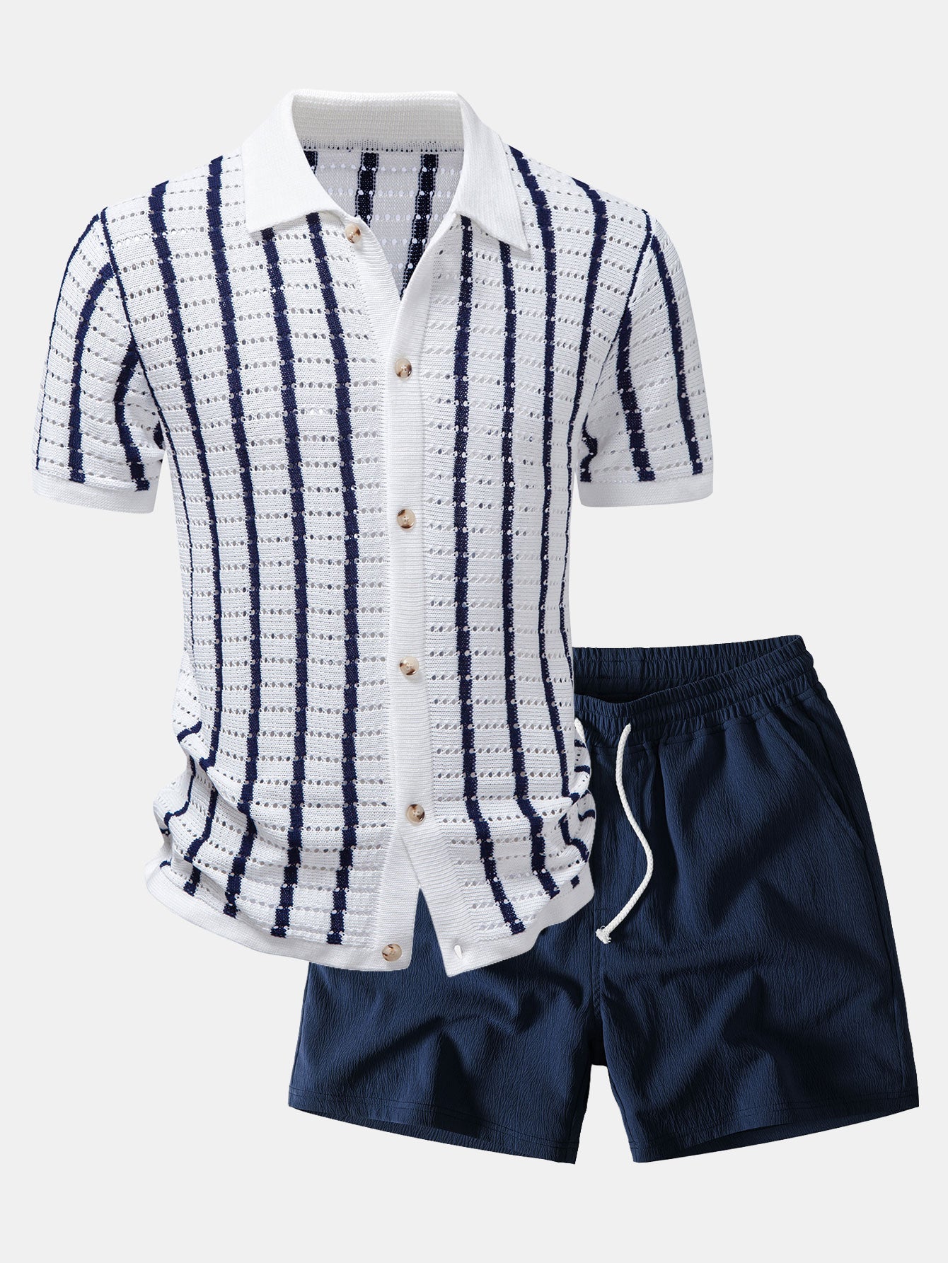 Stripe Open Knit Shirt & Crinkle Textured Drawstring 5" Shorts