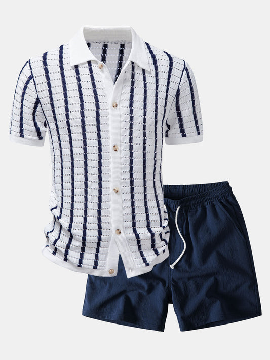 Stripe Open Knit Shirt & Crinkle Textured Drawstring 5" Shorts